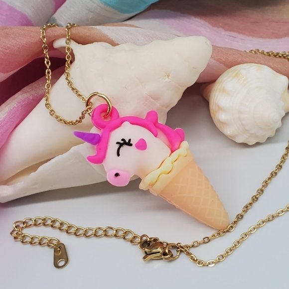 SALE Unicorn Jewelry Icecream Cone Necklace 14K Gold plated Chain Hypoallergenic - Picture 2 of 6